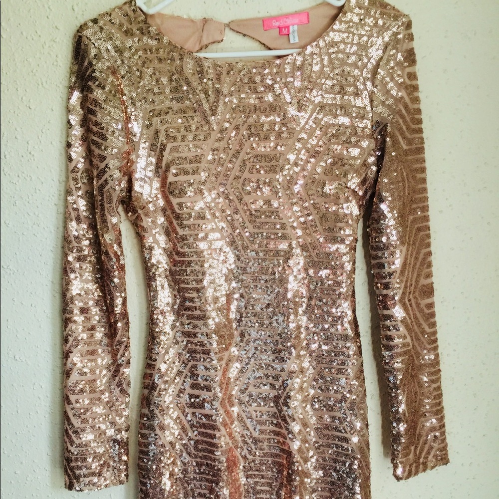 Rose Gold Open Back Long Sleeve Sequin Dress